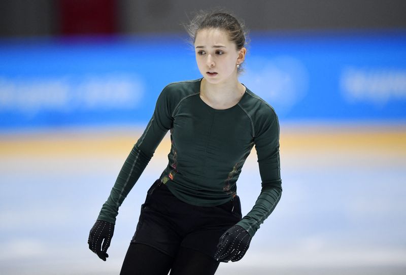 Olympics-Russian figure skater Valieva at practice after reports of failed drug test